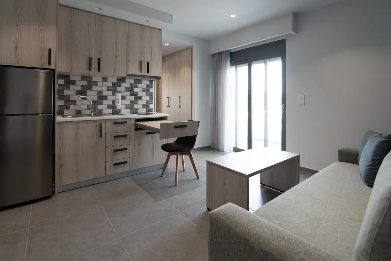Kitchen, desk and sofa