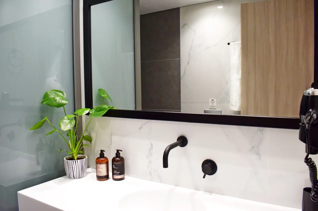 Bathroom vanity with mirror and plant