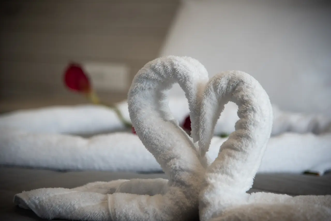 Towel swans on a freshly made bed